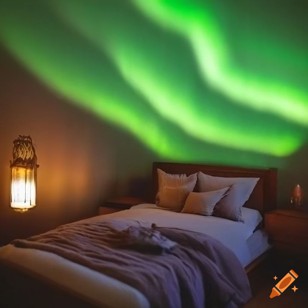 Bedroom with oriental floating lamps and view of northern lights through high window, cozy atmosphere