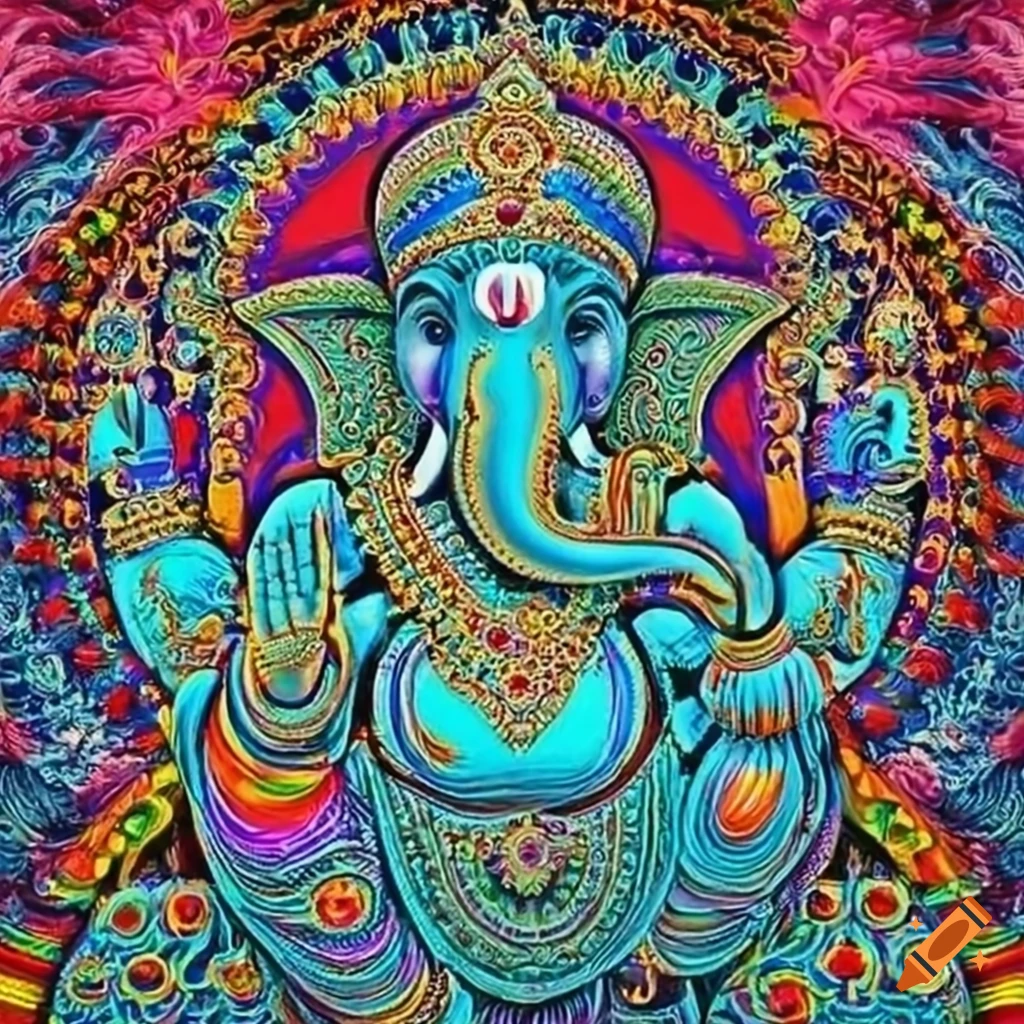 Colorful and intricate Ganesh art in psychedelic sixties style