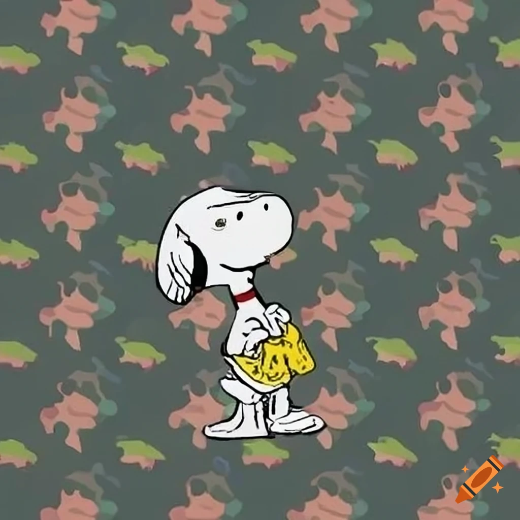 Snoopy and Peanuts gang in camouflage pattern