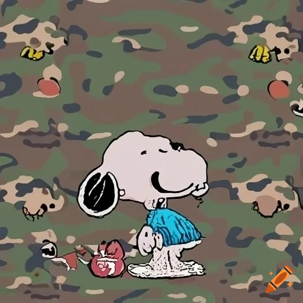 Snoopy and Peanuts gang in camouflage pattern