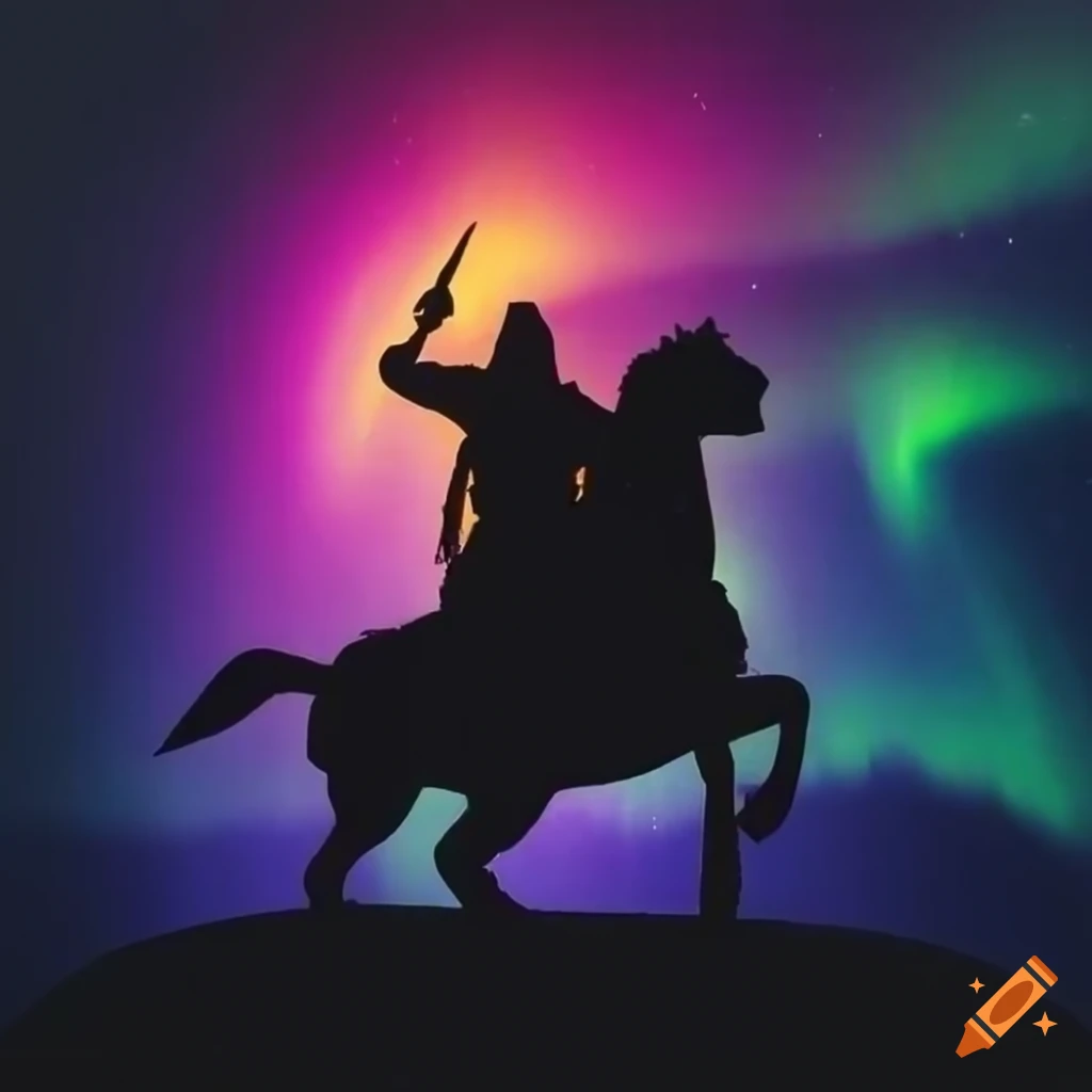 Northern lights with silhouettes of medieval or Viking knights