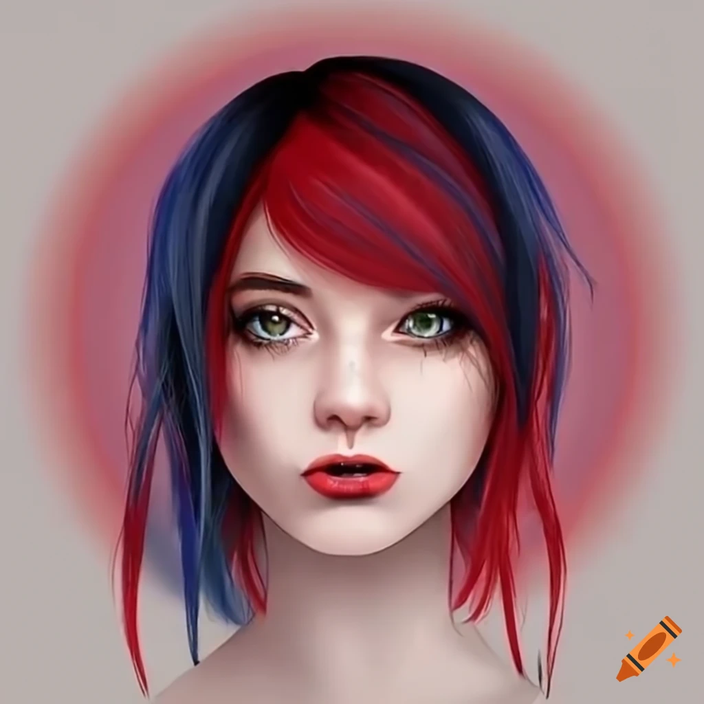Emo girl with red eyes and black hair with a single red strand