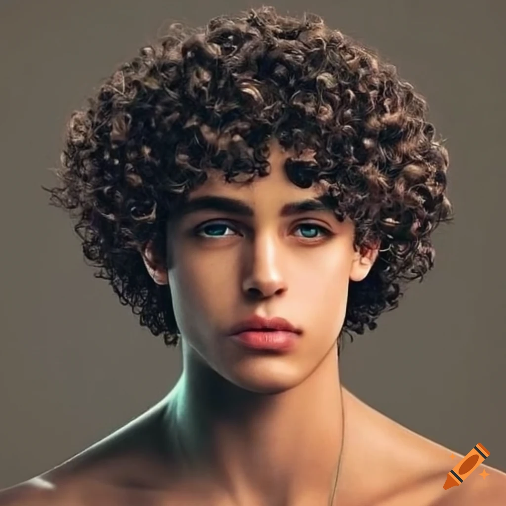 Hispanic male with curly hair and green eyes