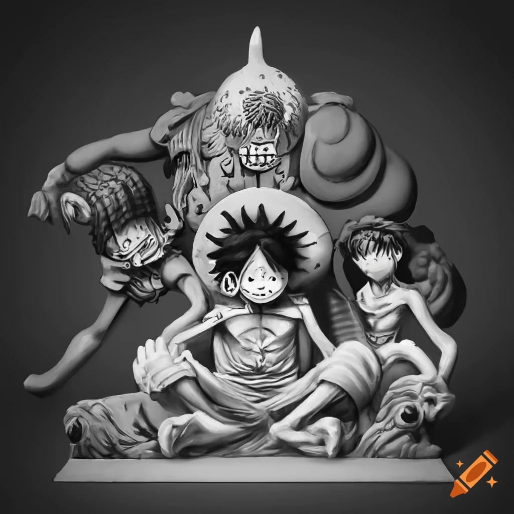 Grayscale bas relief of Luffy and his crew with ship Thousand Sunny from manga One Piece