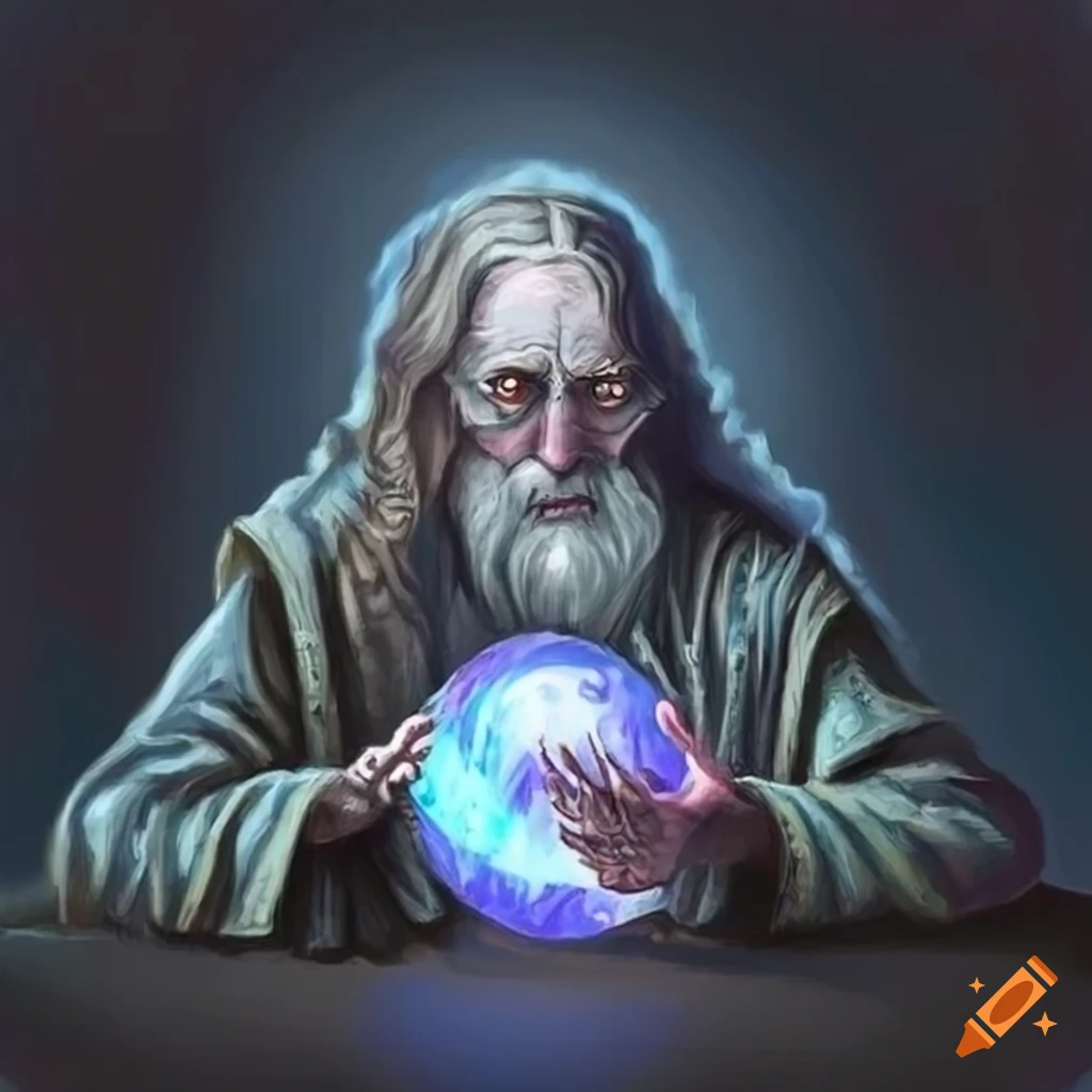 Wizard gazing into a crystal ball in a detailed drawing