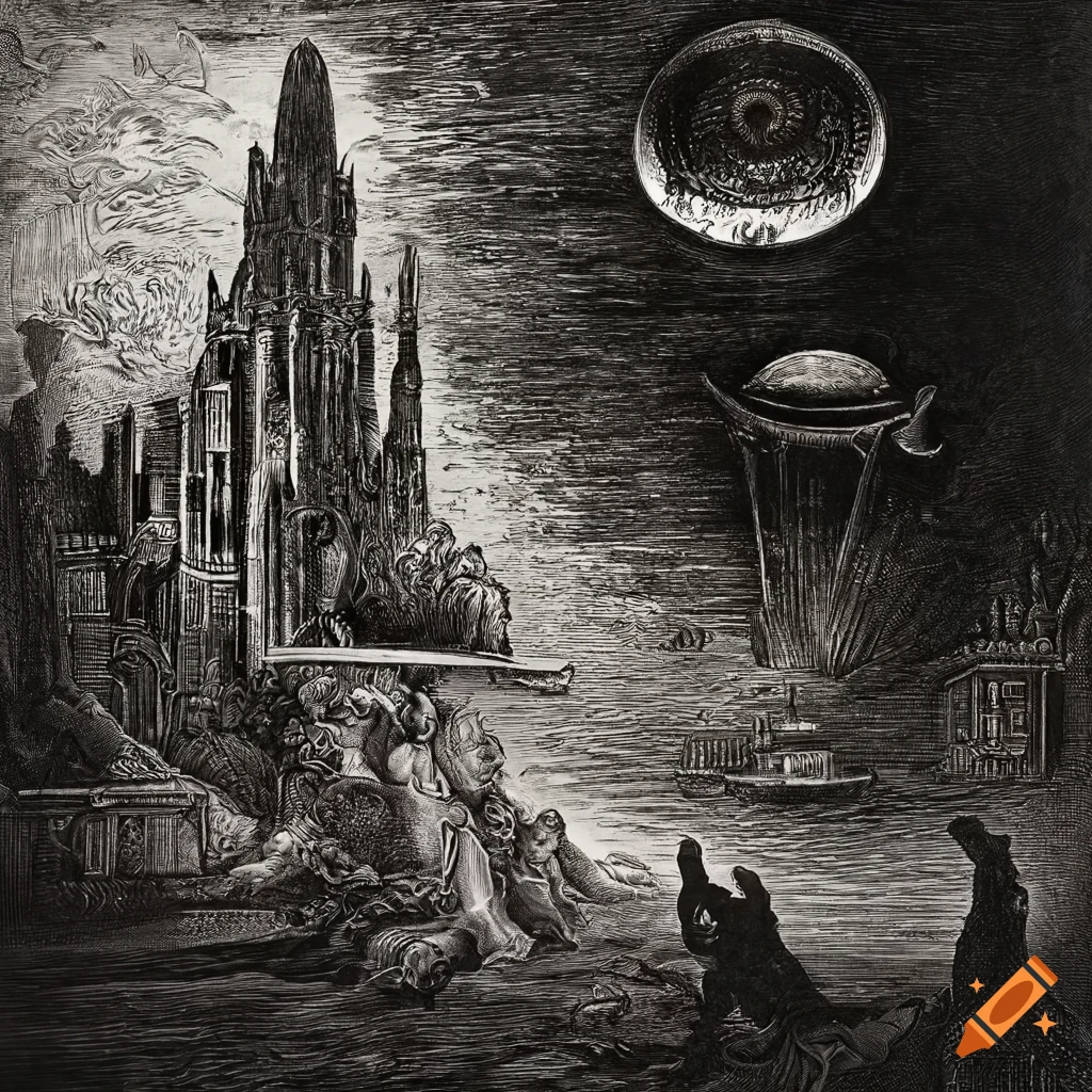 Surreal black and white mezzotint of a 1970s science fiction city with UFO and black fire