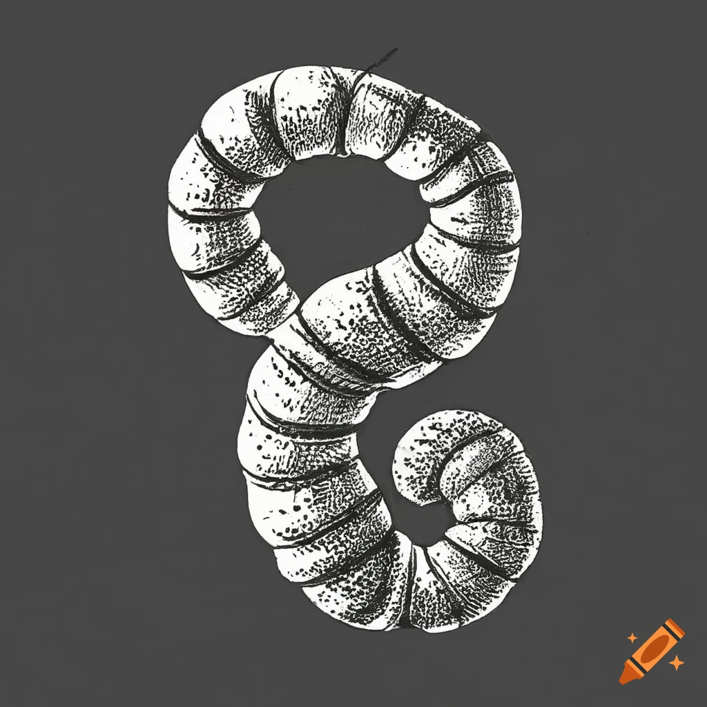18th century style black and white drawing of a worm