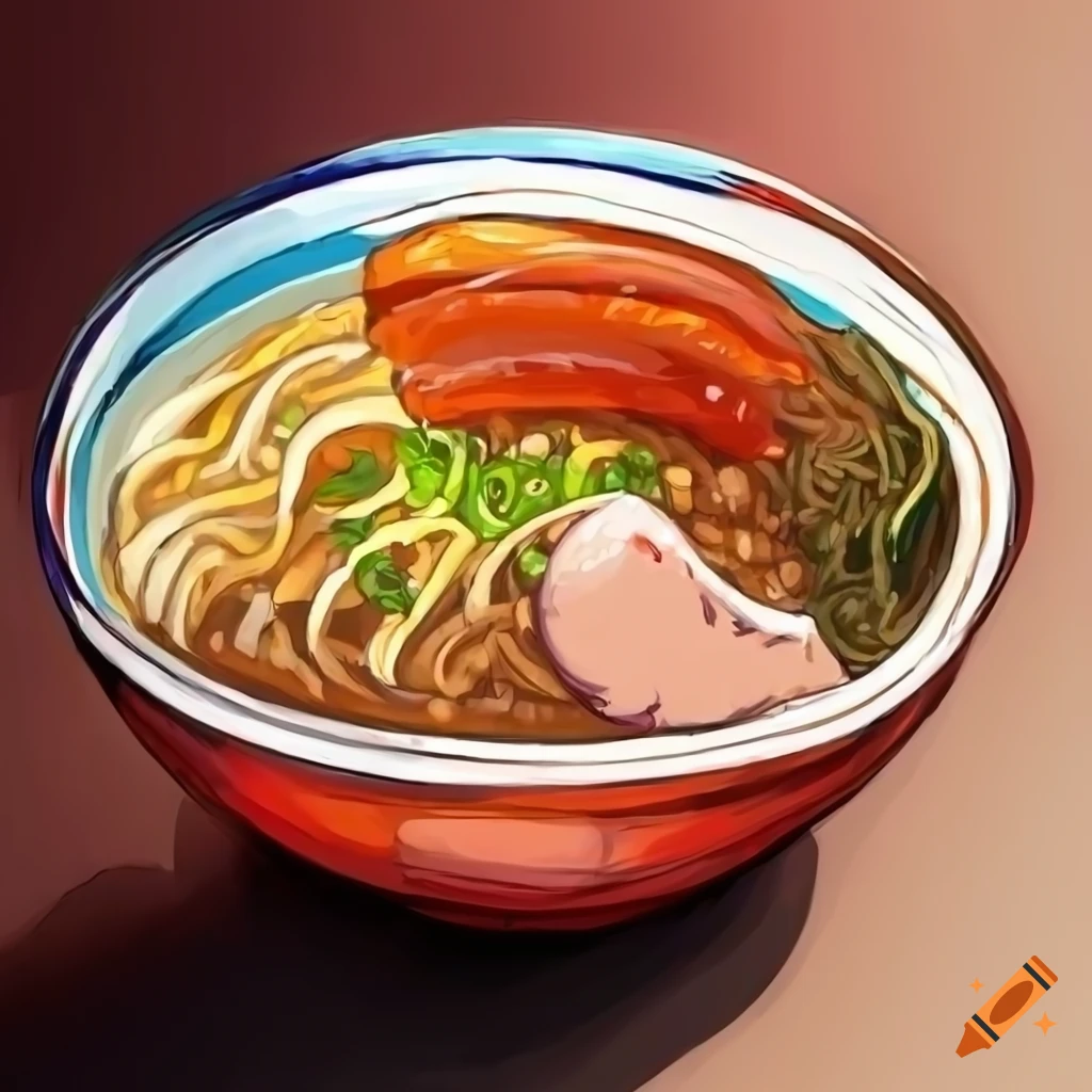 Realistic drawing of a bowl of ramen in warm colors