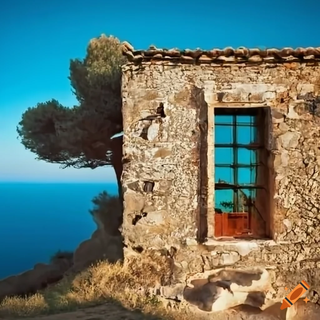 Man standing in front of a stone house on a Mediterranean island