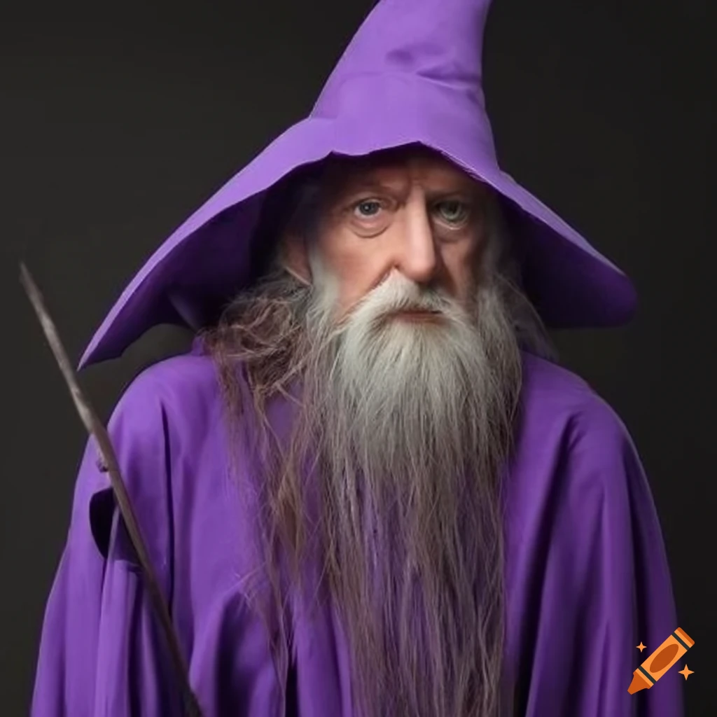 Elderly wizard in purple robes and hat holding a staff