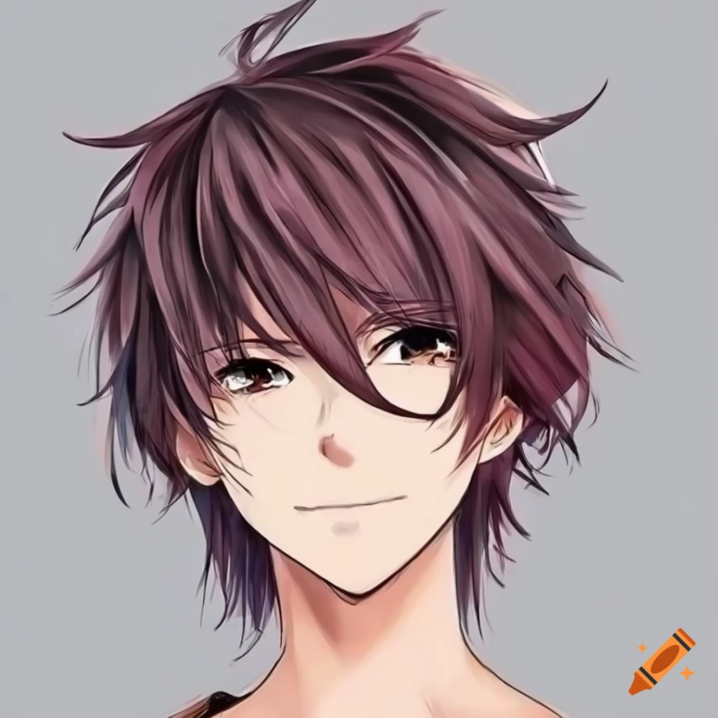 Anime-style drawing of a man with curtain hairstyle looking down sideways