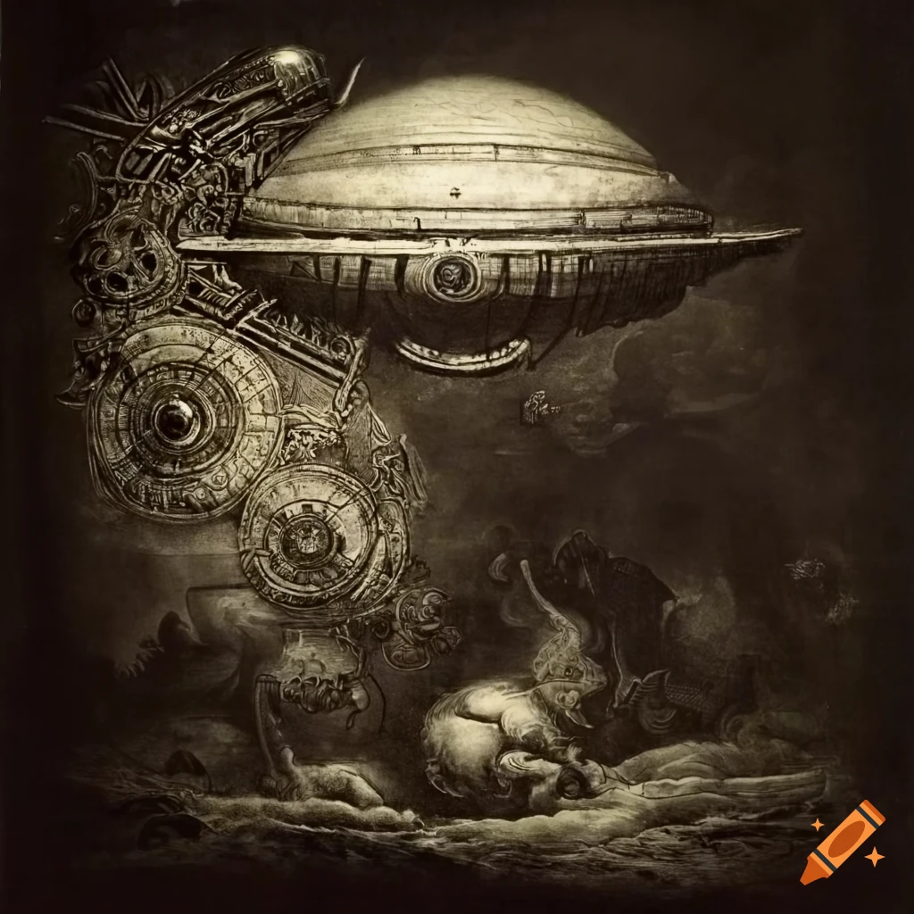 Surreal mezzotint with UFO, steampunk gears, and moss