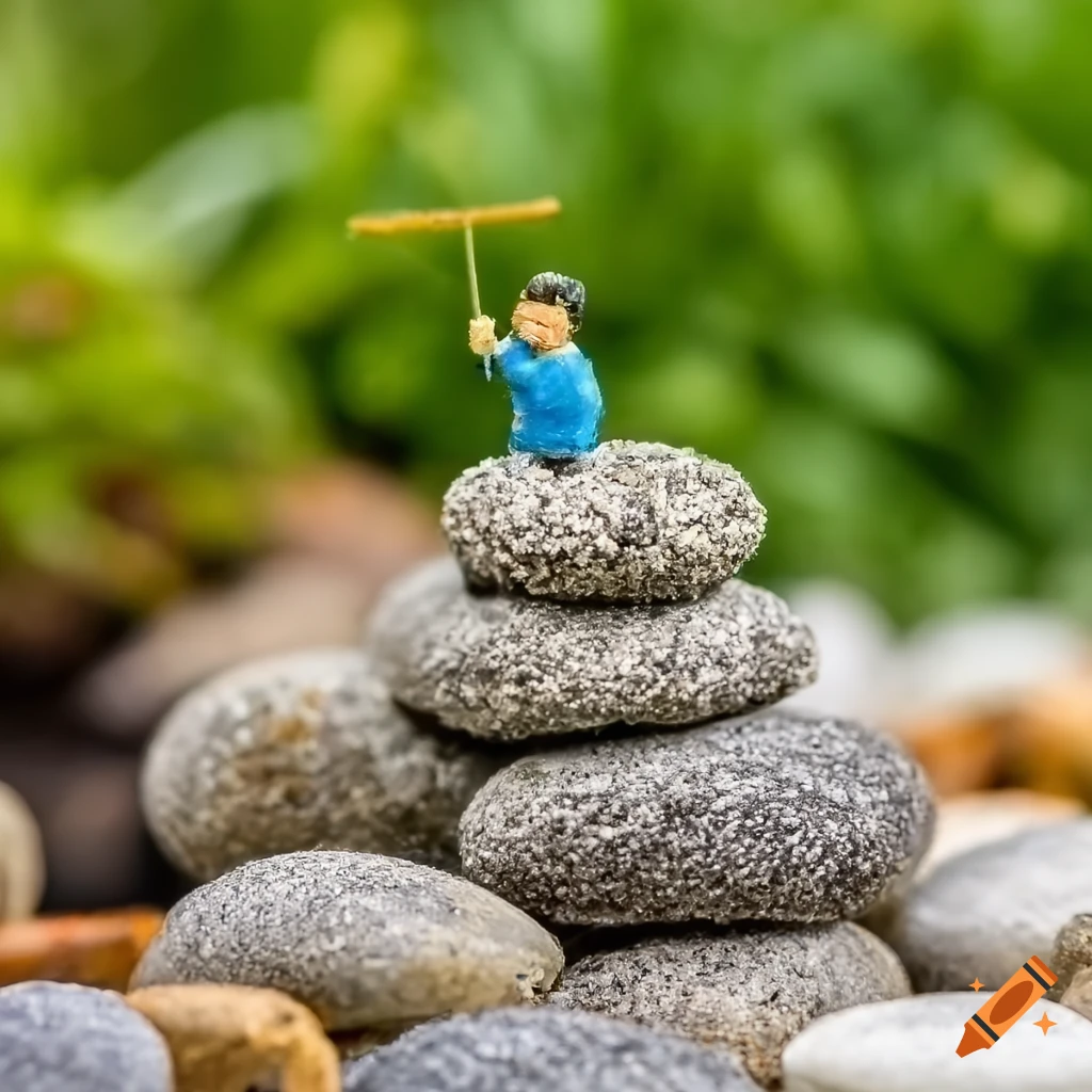 Ultra tiny miniature zen garden with a man cleaning