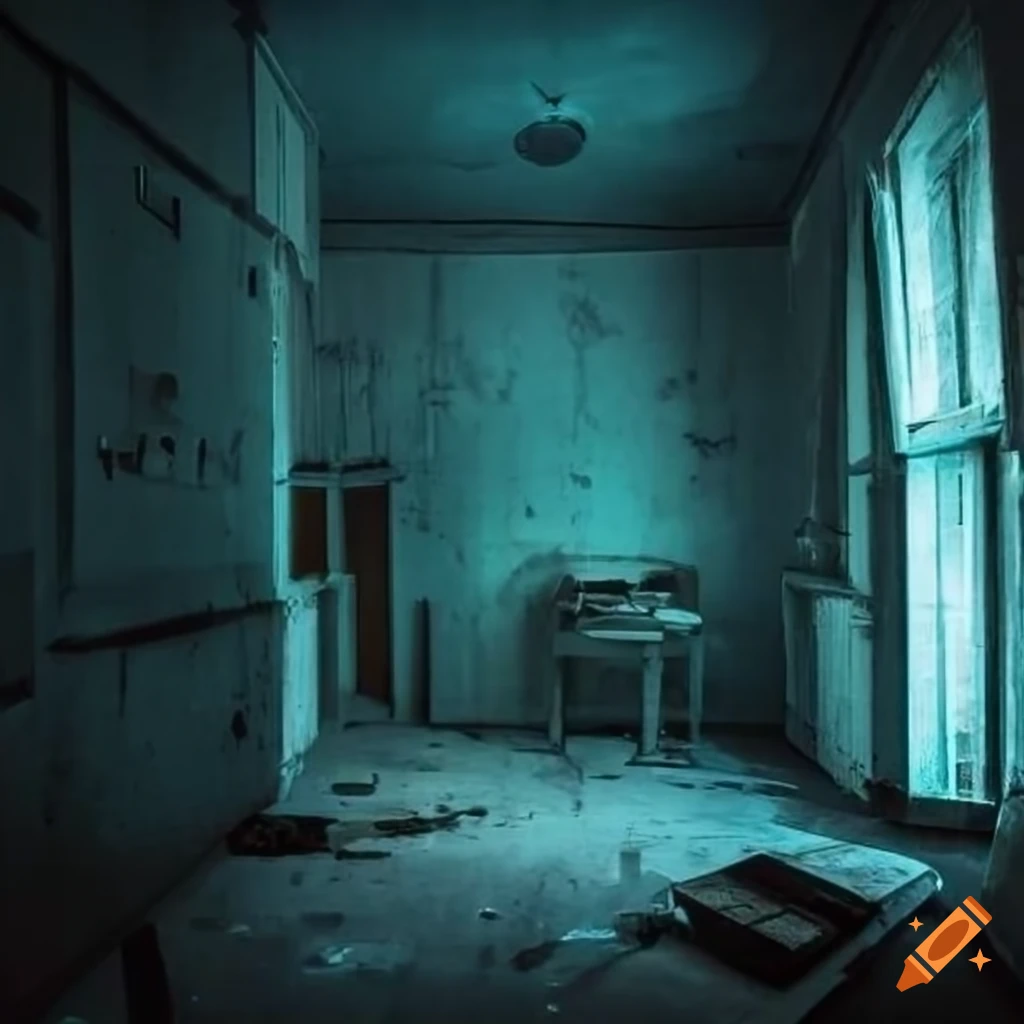 Interior of an abandoned psychiatric hospital at night with eerie lights