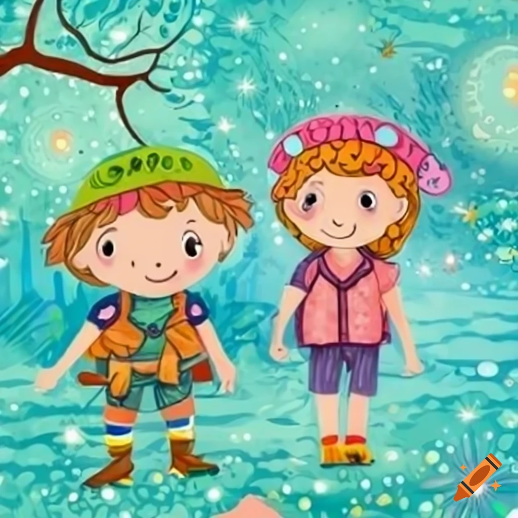 Boy and girl in adventure gear on a magical path with friendly animals in a whimsical world