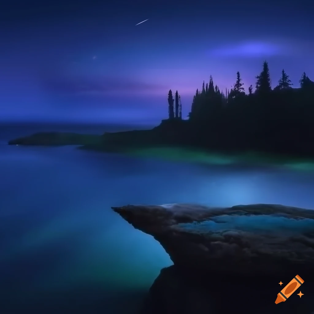 Island in a nighttime landscape with exceptional lights