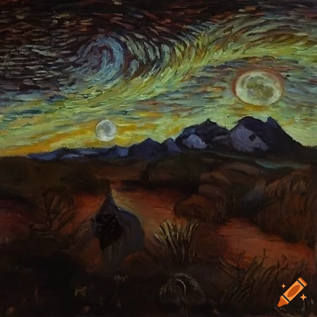 Surrealist moonlit night desert landscape inspired by Pissarro and Van Gogh's styles