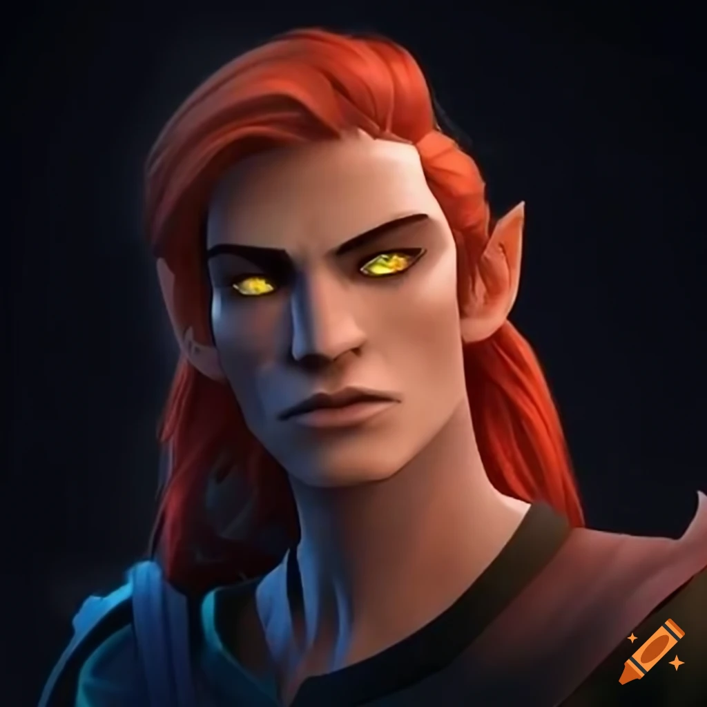 Male character Valtor with strong angular features and intense blue eyes