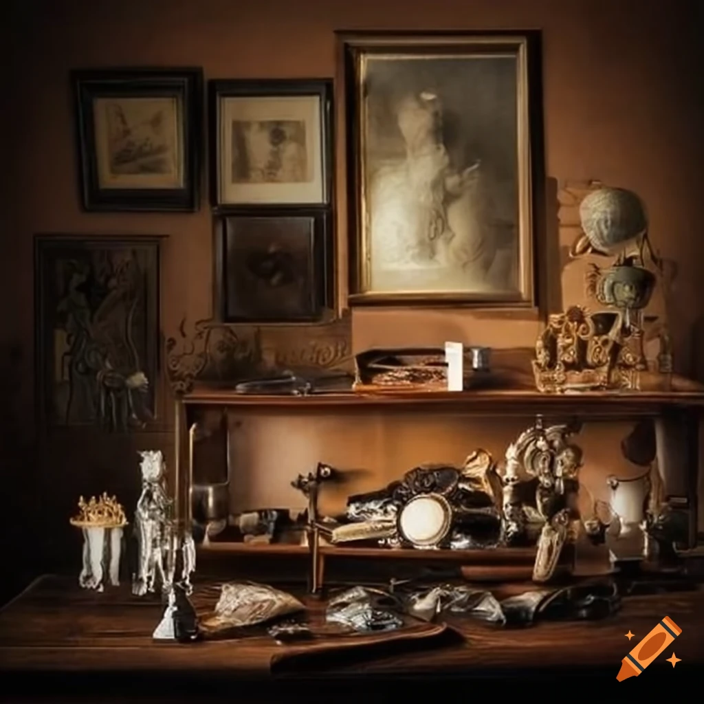 Cluttered table with antique objects for online auction