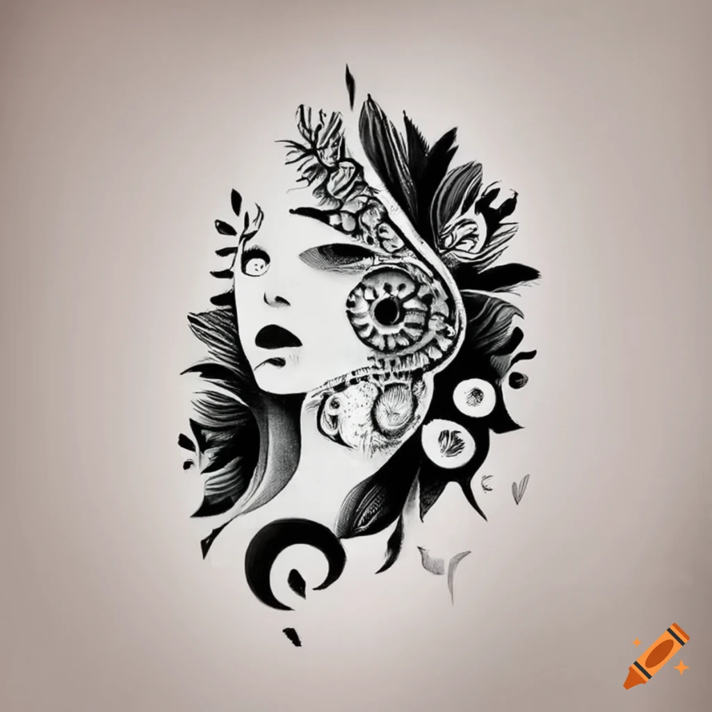 Boho tattoo stencil in black on white background