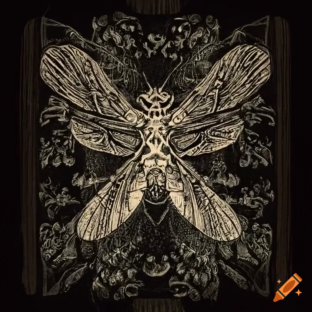 Whimsical Cicada against a dark backdrop in 15th-century German printmaking style