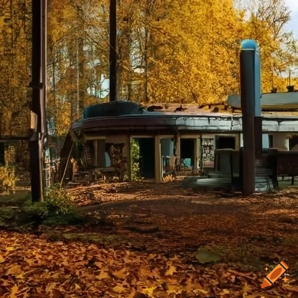 Futuristic ruined sci-fi café surrounded by vibrant autumn nature