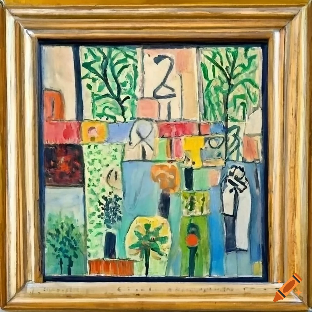 Peaceful garden in an abandoned shopping mall with a vintage frame, inspired by Horace Pippin, Matisse, Paul Klee, and Lois Dodd