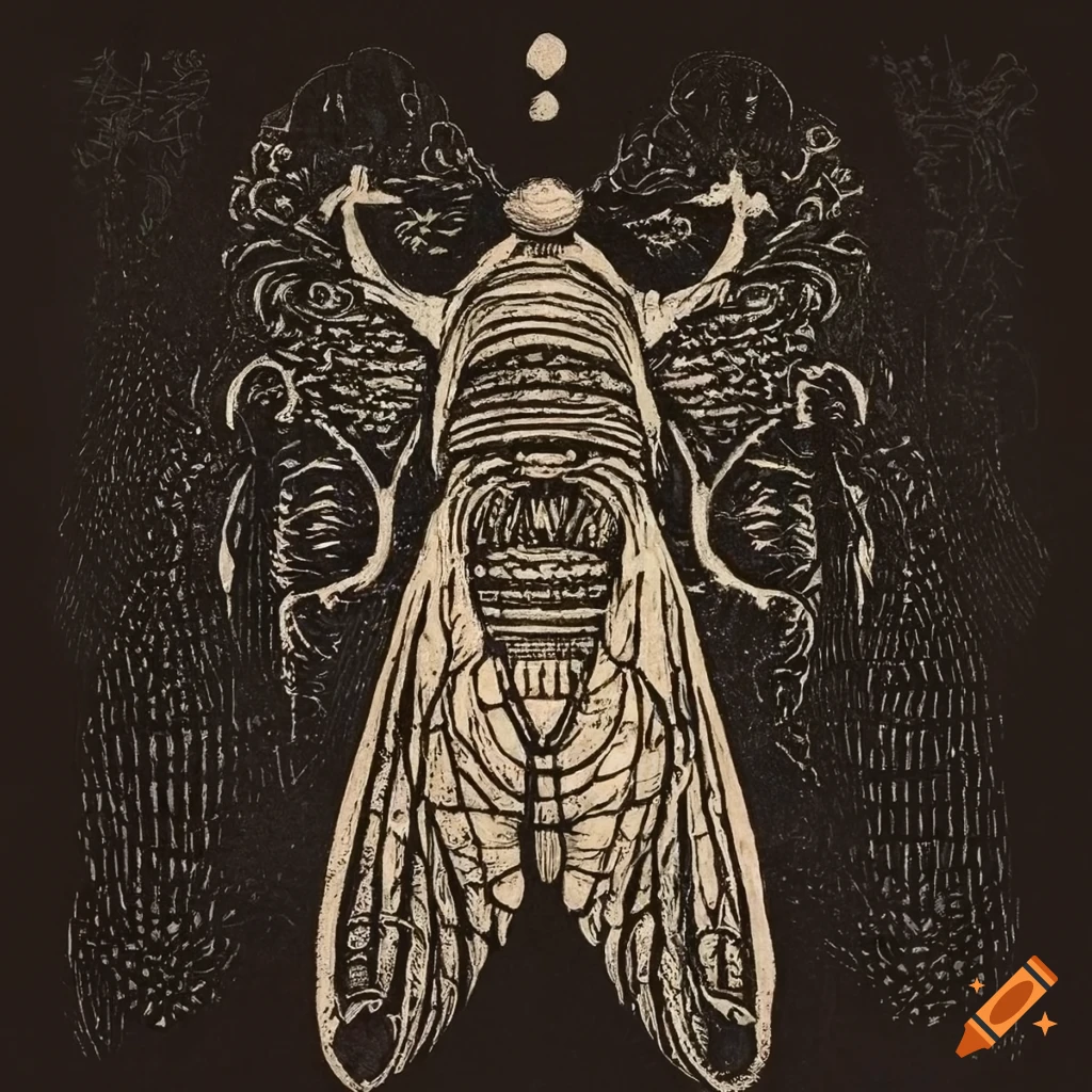 Whimsical Cicada in 15th-century German printmaking style against a dark backdrop