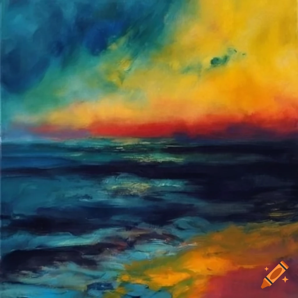 Dramatic sea painting in the style of Emil Nolde with detailed gloomy sky