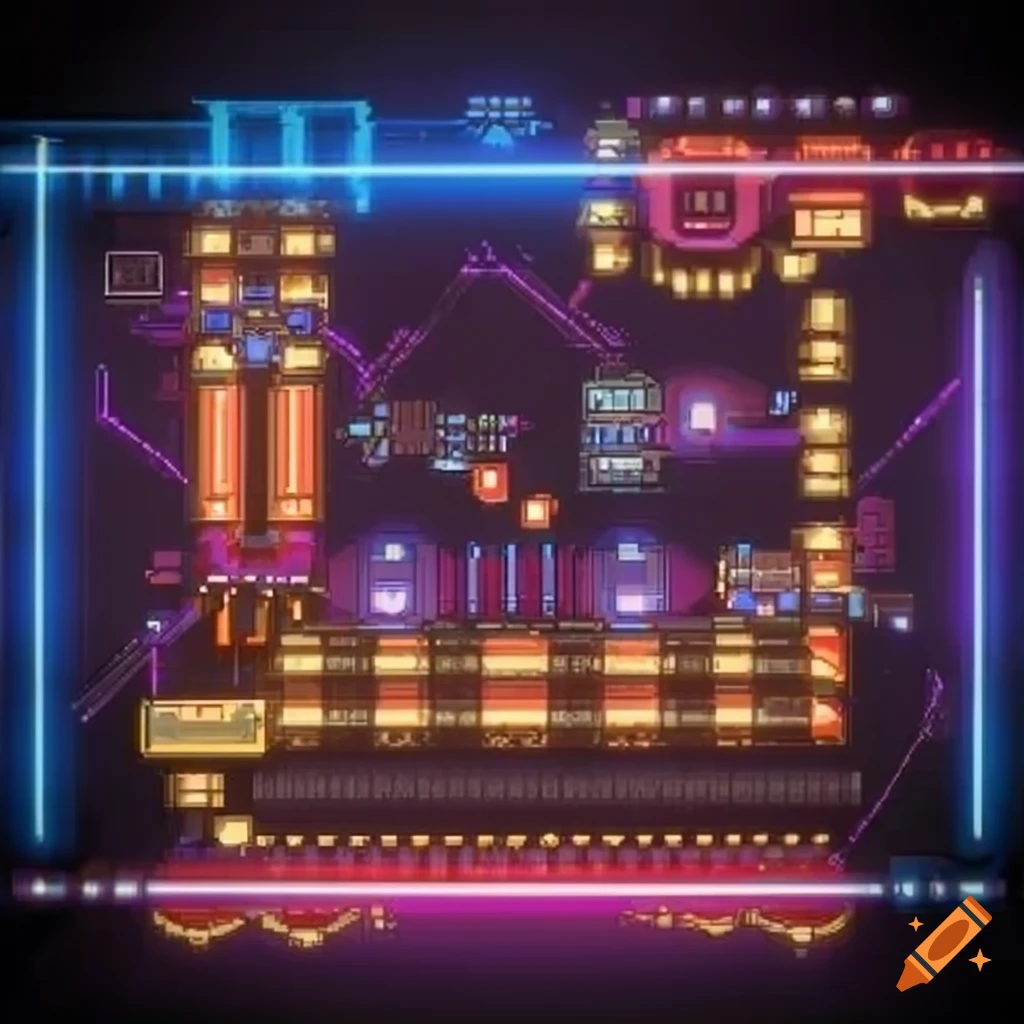 Spaceship with neon lights in front view with steampunk style sprites
