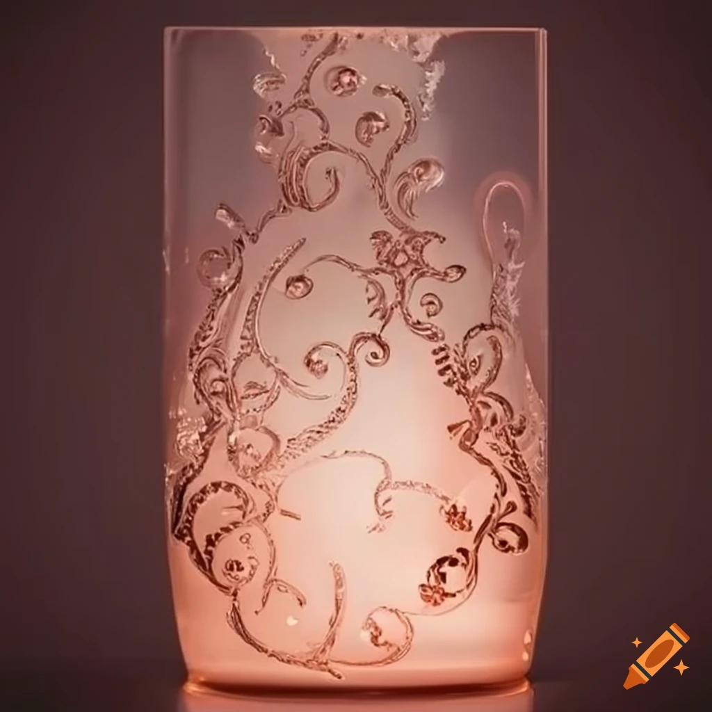 Frosted glass with ornate etchings and rose gold chains