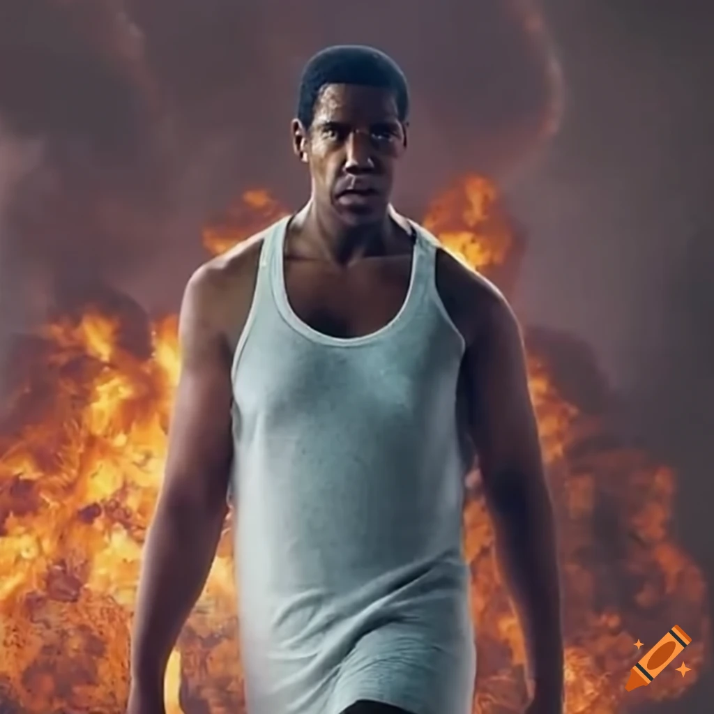 Actor Denzel Washington walking from explosion scene
