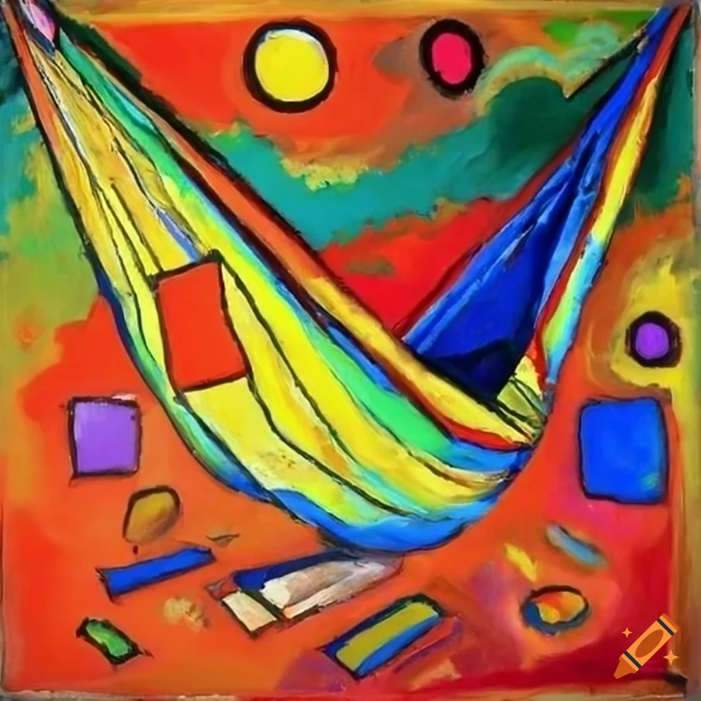 Vibrant colorful painting of a man in a hammock by Kandinsky and Karel Appel