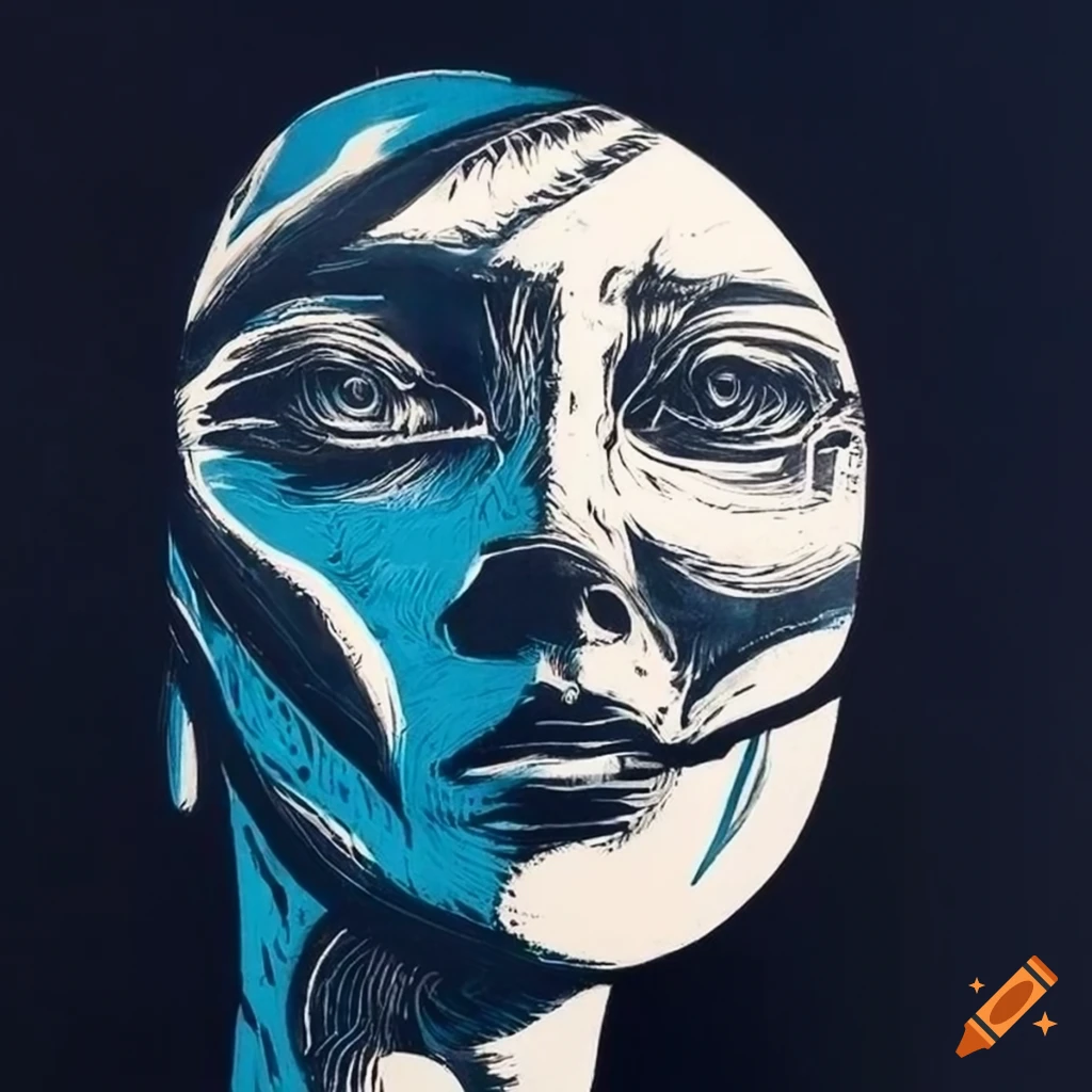 Distorted mirror reflection in linocut art style