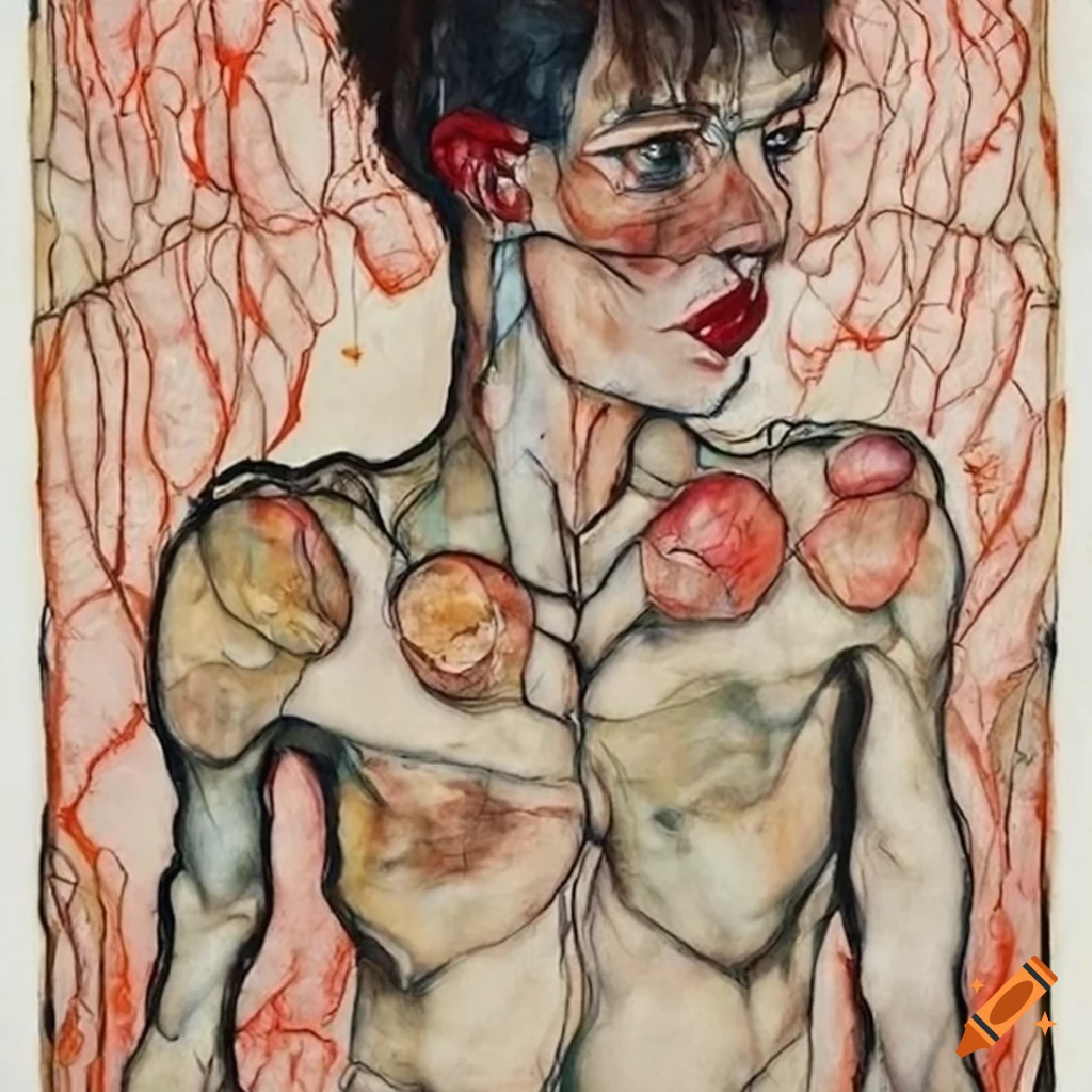 Collaborative drawing by Egon Schiele and Louise Bourgeois exploring subconscious themes