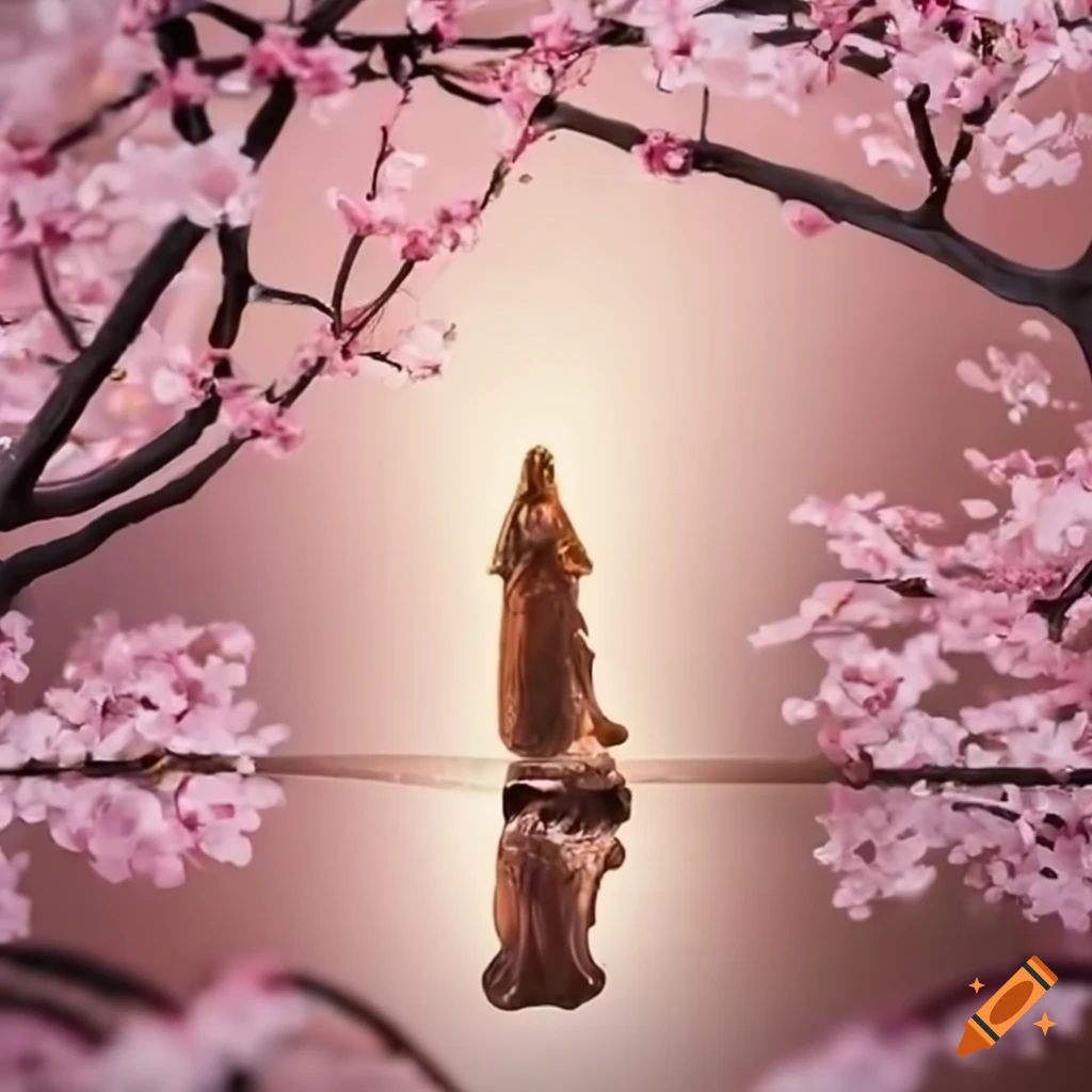 Inspirational figurines surrounded by blooming Cherry Blossom tree emitting divine light