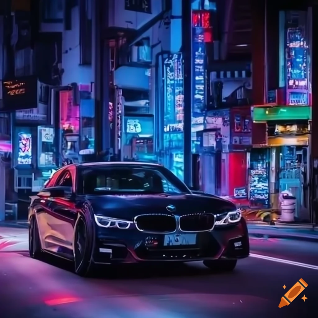 BMW 330i M Sport car under Tokyo's vibrant neon lights