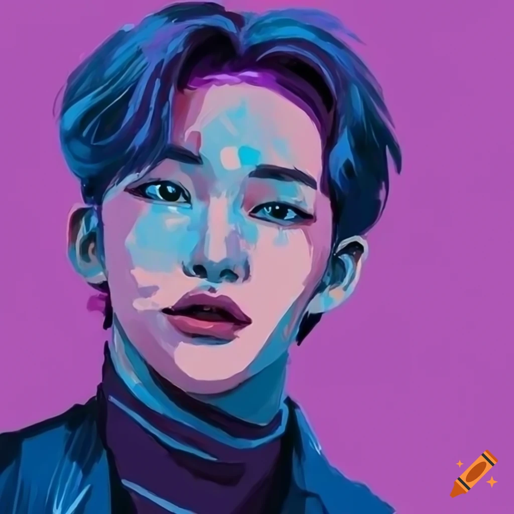 Paint style drawing of Hwang Hyunjin in blue and purple colors