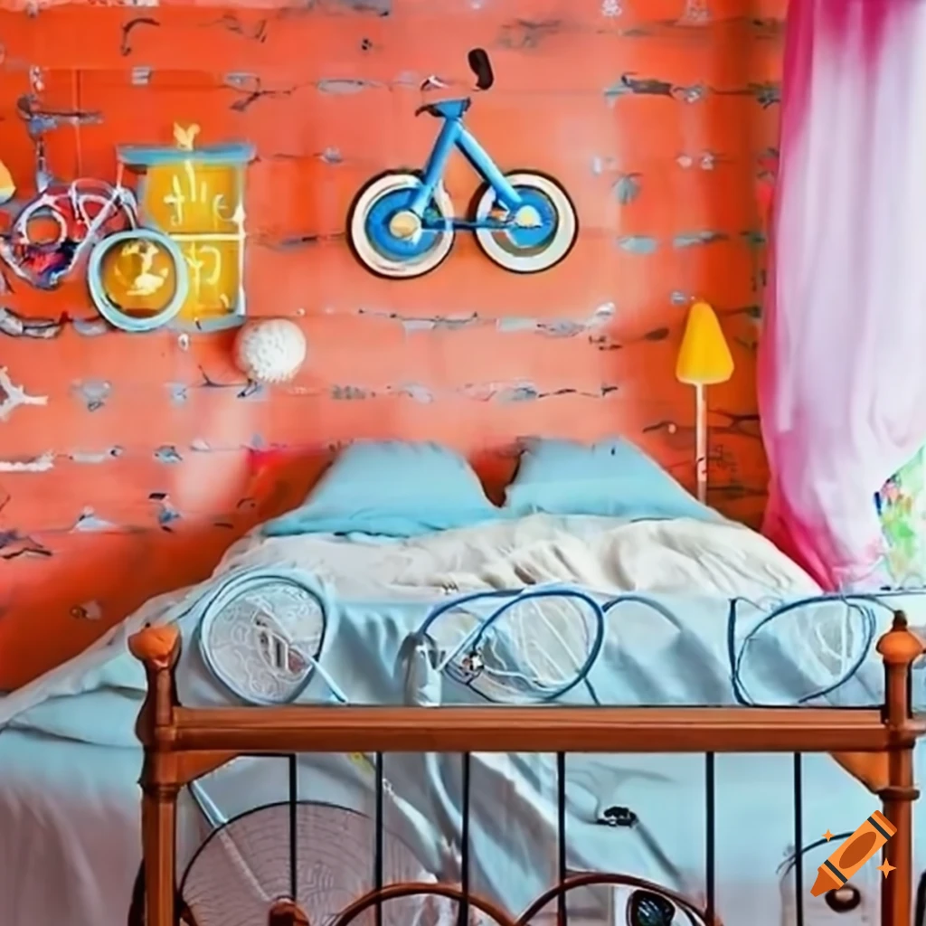 Cozy and colorful bedroom with bicycle theme decor