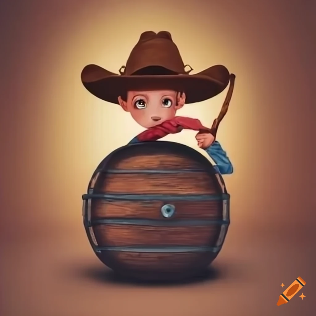 Cowboy kid with a slingshot hiding behind a barrel