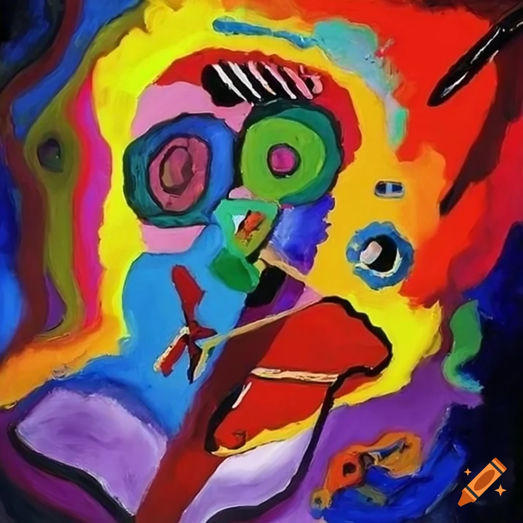 Vibrant colorful painting of a man with injury by Kandinsky and Karel Appel