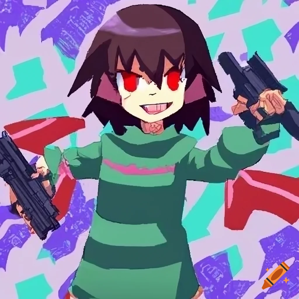 Asagi Asagiri as Chara holding guns in an Undertale battle sprite