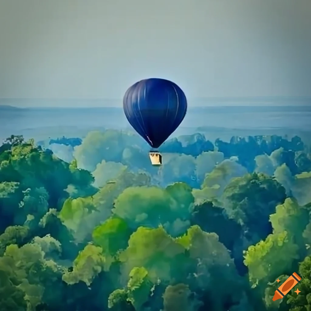 Graceful violettish hot air balloon above a green city in watercolor