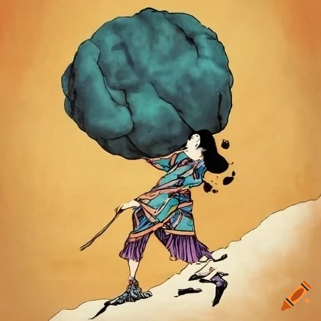 Female Sisyphus pushing boulder up hill in Ukiyo-e style on parchment paper