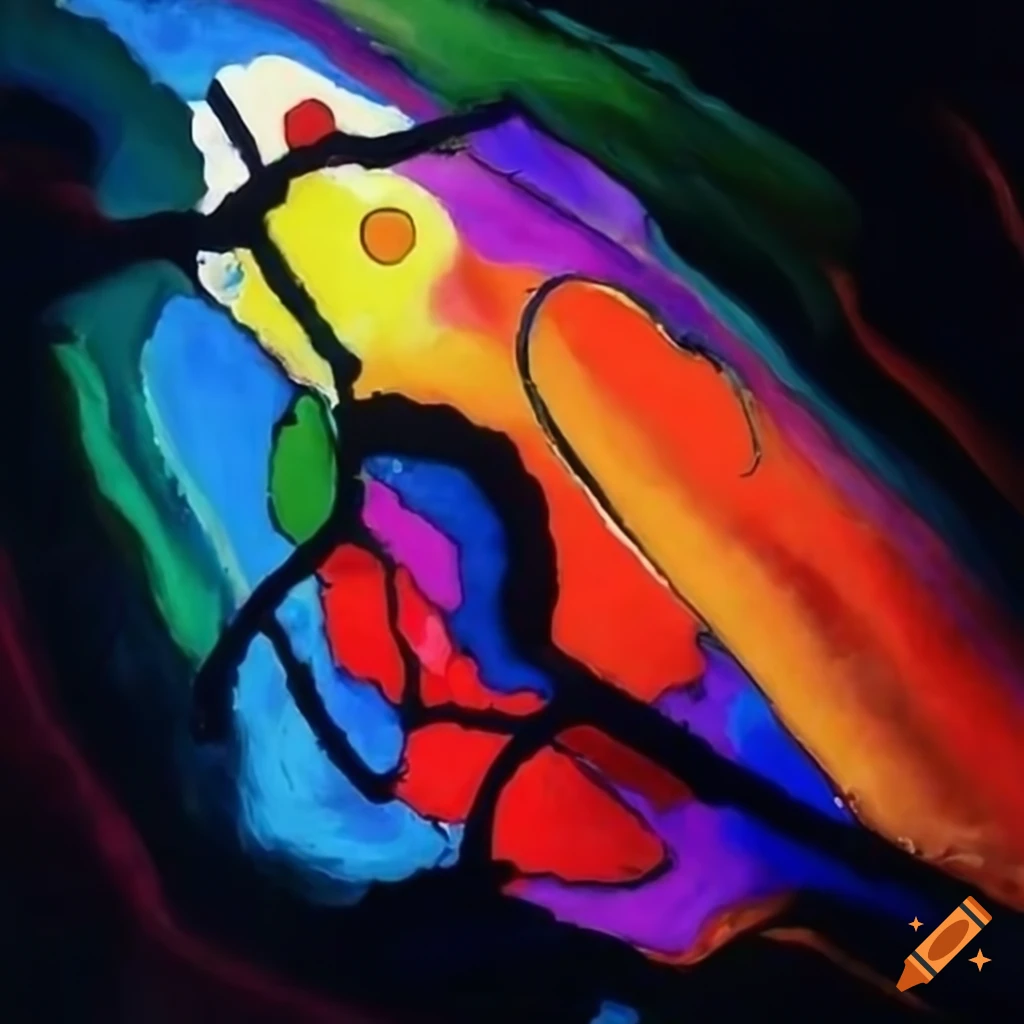 Vibrant colorful painting of lightning in a dark sky by Kandinsky and Karel Appel