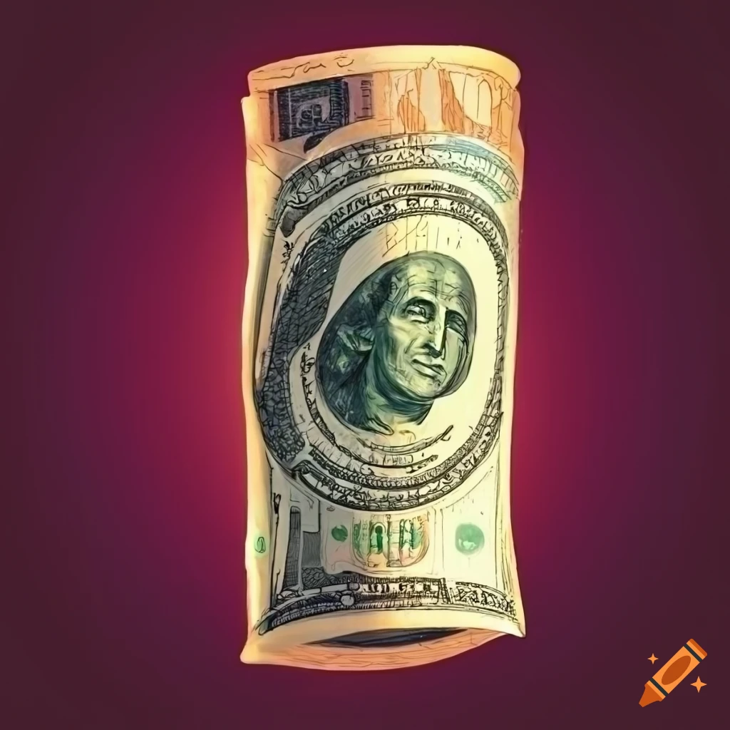 Cartoonish rolled up 100 dollar bill with 90's nostalgic vibes