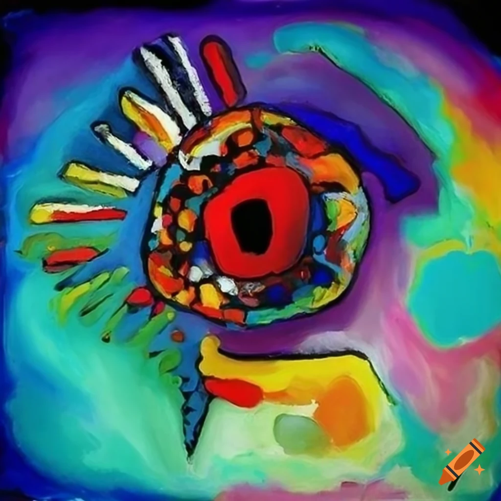 Vibrant colorful painting of lightning in a dark sky by Kandinsky and Karel Appel