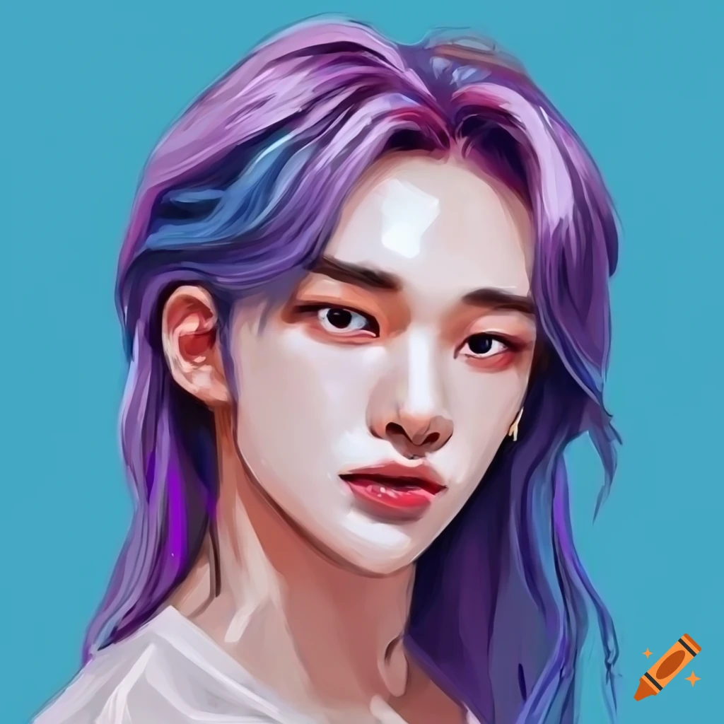 Paint style drawing of Hwang Hyunjin in blue and purple colors