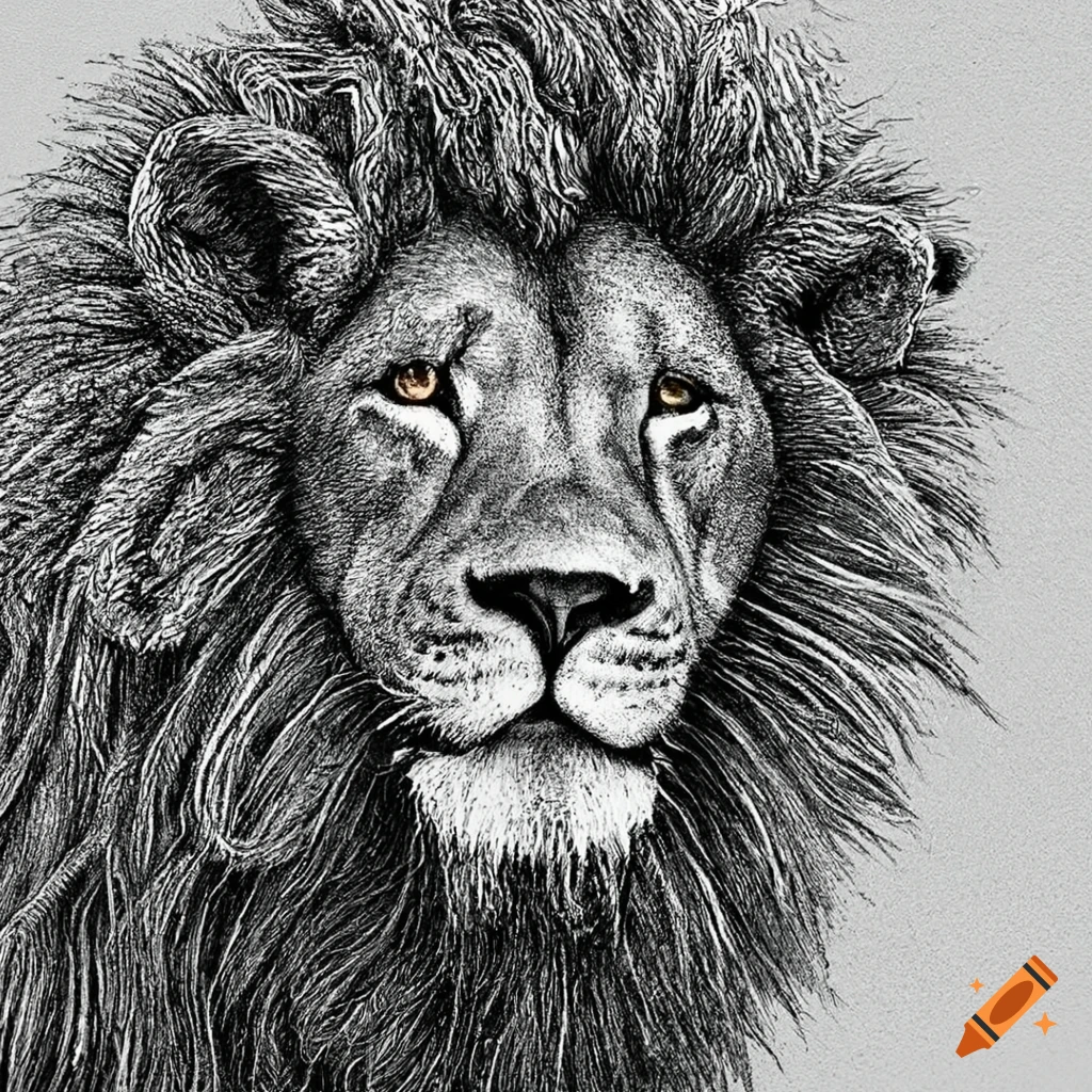 Stippling artwork of a powerful lion
