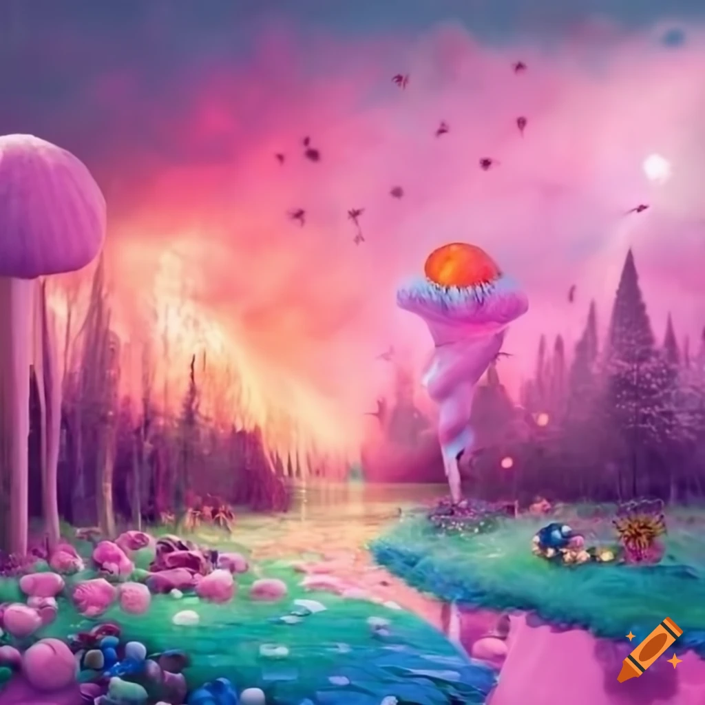 Candy land with cotton candy clouds, pink dandelions, rose bushes, lucky charms, and mushrooms